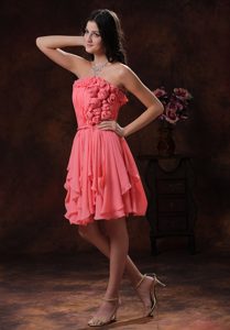 Pretty Watermelon Straps Short Prom Dresswith Ruching and Flowers