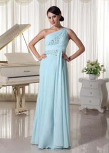 One Shoulder Chiffon Empire Long Prom Court Dress in Light Blue
