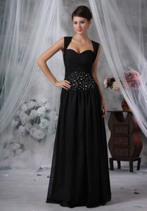 Top Straps Empire Long Chiffon Prom Gown in Black with Beading
