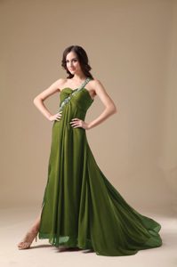 Elegant Olive Green Beaded One Shoulder Prom Dress for Ladies in Chiffon