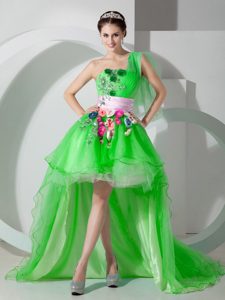 Super Hot Spring Green One Shoulder High-low Prom Gowns with Flowers