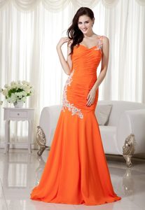 Ruched and Appliqued One Shoulder Mermaid Prom Party Dress in Orange