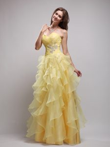 Yellow Sweetheart Long Dress for Prom with Ruffles and Applique