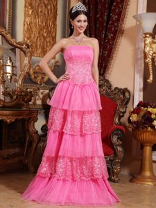 Pink Empire Strapless Long Prom Dress for Ladies with Appliques