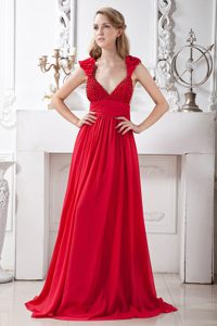 Red V-neck Chiffon Empire Floor length Prom Dress with Beading