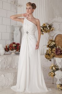 White Empire One Shoulder Chiffon Prom Dress with Beading