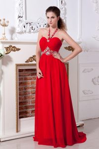 Red Empire Halter Top Backless Chiffon Prom Dress with Beading