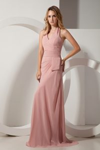 Column Halter Ruched Floor length Chiffon Prom Dress in Light Pink