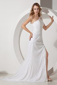 Column One Shoulder Sequin Prom Dress with Slit On Side in White