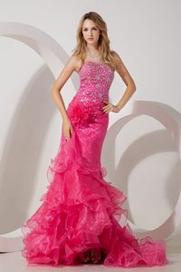 Hot Pink Mermaid Strapless Brush Ruffles Train Prom Dress with Beading