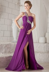Purple Empire One Shoulder Watteau Train Chiffon Prom Dress with Beading