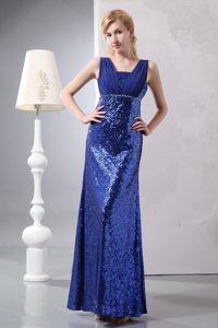 Beautiful Blue Column Straps Ankle-length Prom Dress with Ruching and Beading