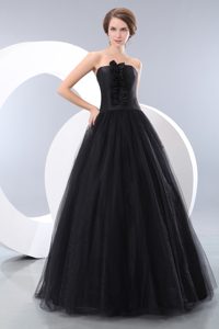 Junior Strapless Long Tulle Ball Gown Prom Dress in Black