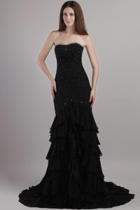 Beautiful Trumpet Beaded Sweetheart Court Train Chiffon Prom Dress in Black