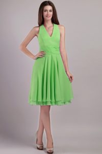 Empire Halter Top V- neck Knee-length Chiffon Prom Dress in Spring Green