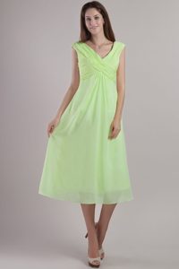 Yellow Green Empire V-neck Ankle-length Chiffon Prom Dress with Ruching