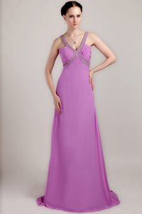Lavender Beaded Column V-neck Chiffon Prom Dress with Ruching