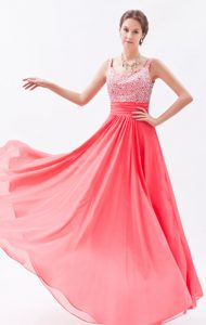 Empire Straps Long Chiffon Prom Dress with Beading in Coral Red