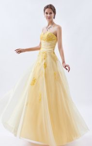 Sweetheart Prom Dress Embroidery Tulle Long in Light Yellow