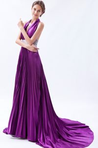 Eggplant Backless Halter Court Train Sequin Pleat Prom Dress in Purple