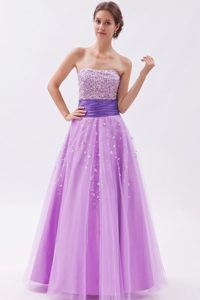 Beautiful Lavender Strapless Long Tulle Prom Dress with Beading
