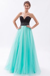 Black and Turquoise Sweetheart Tulle Long Prom Dress with Beading