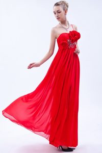 Red Empire One Shoulder Chiffon Prom Dress with Beading and Hand Made Flowers