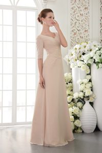 Sexy Champagne Column V-neck Floor length Chiffon Prom Dress with Beading