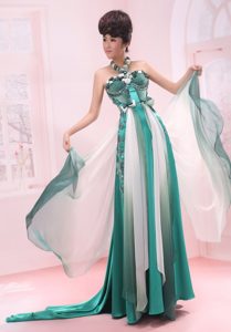 Turquoise Halter Chiffon Empire Prom Dress with Beading Brush Train