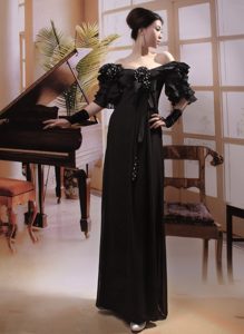 Off Shoulder Formal Beaded Chiffon Prom Gowns with Half Sleeves in Black