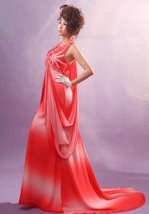 Ombre Color Halter Bust Chiffon Prom Dress with Appliques Decorate For Party
