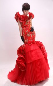 Beautiful Mermaid Prom Dress with Hand Made Flowers and Embroidery in Red