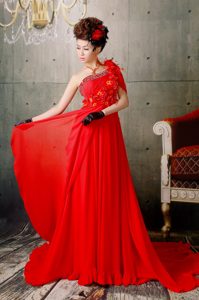 Beautiful Red One Shoulder Court Train Prom Dress with Appliques and Beading