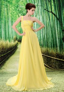Great Yellow One Shoulder Beaded Prom Dress with Appliques in Formal Prom