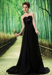 Black Stylish El Tigre Prom Dress with Hand Made Flower and Ruching For 2013