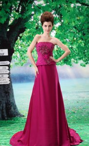 Perfect Fuchsia Court Train Chiffon Strapless Prom Dress with Beading