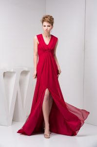 Custom Made V-neck Ruched Prom Prom Dress in Wine Red