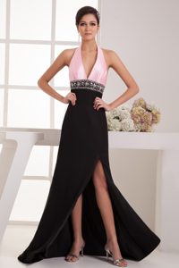 Halter Top Prom Dress with Cut Out On Side in Pink and Black