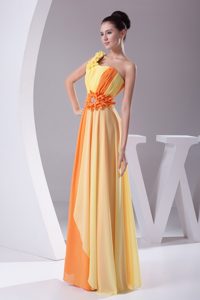Beaded Ruched One Shoulder Prom Dress For Ladies in Yellow and Orange