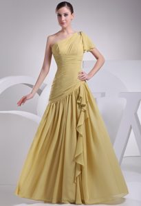 One Shoulder Asymmetric Ruched Floor length Prom Dress in Yellow 2014