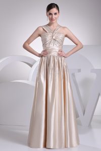 Beaded Champagne Long Prom Gowns with Ruching and Beading