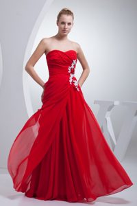 Red Long Chiffon Prom Gown Dress with Appliques and Ruches Accent
