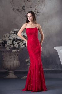 Strapless Beaded Red Long Prom Formal Dress with Lace Accent