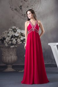 V-neck Beaded Chiffon Prom Formal Dress with Criss Cross Back in Red