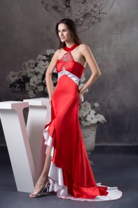 Sexy Halter Top High low Satin Prom Gown with Beading For Party in Red