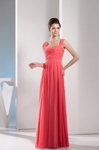 Elegant Straps Long Prom Gown with Ruching in Watermelon Red