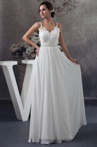 Long Ruched Straps White Prom Dress with Handmade Flowers