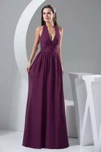Halter Top Chiffon Floor length V- neck Back Out Prom Gowns in Purple