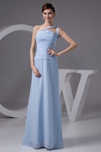 Ruched Long Chiffon Prom Gown Dress One Shoulder in Light Blue