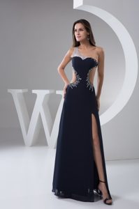 Sexy Prom Holiday Dress Asymmetrical Beaded Navy Blue with Cut Outs